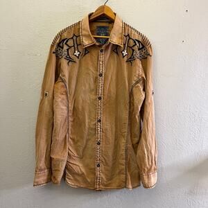 Roar Men’s Brown Graphic Embroidered Long Sleeve Western Button Up Shirt Sz XXL